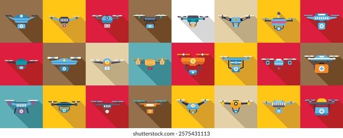 Drone medical icons set. Colorful flat design icons of delivery drones illustrating shipping and healthcare services