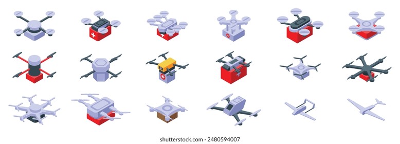 Drone medical icons set. Delivery drones carrying packages and providing medical first aid with isometric illustration style