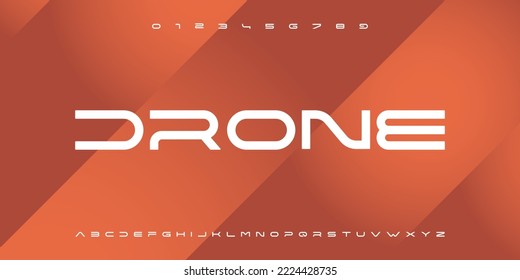 DRONE Modern abstract digital tech font. Logo creative font, type, technology, movie, digital, music, movie. Font and illustration in vector format.