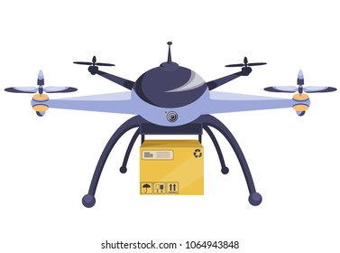 Drone. Modern technology. Copter with goods flying in the air. Parcel technique box  multicopter. New business technologyModern flat style vector illustration.Isolated on white back