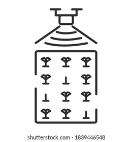 A drone monitors a field with plants. Seed germination. Smart farm.Outline vector illustration.Isolated on white background.