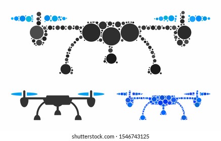 Drone mosaic of spheric dots in different sizes and color tints, based on drone icon. Vector dots are composed into blue mosaic. Dotted drone icon in usual and blue versions.