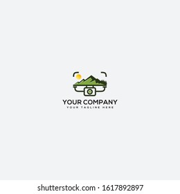 drone mountain and camera view logo, drone outdoors logo shield