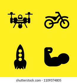 drone, muscle, bike and rocket vector icon set. Sample icons set for web and graphic design