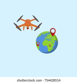 The drone near the globe and the lighthouses indicating the location of the position. Flat design. Vector Illustration