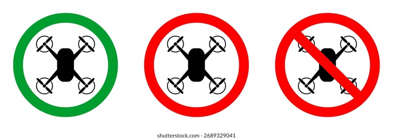 No se permite el dron Rojo Circle Sign, Icono de Vector redondo permitido verde, colección de 3 pictogramas