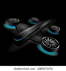 Drone on a black background. Flying drone with camera on black background. Vector illustration of drone. Modern technologies. Realistic drone in operation. Digital 3D vector.