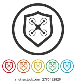 Drone on Shield icon. Set icons in color circle buttons