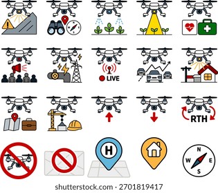 Drone Operation and Service Icon Set – Delivery, Rescue, Mapping and No-Fly Zone
