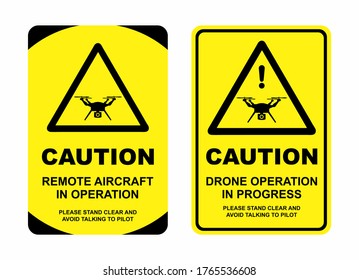 Drone Operations Caution Sign Set With Black Quadcopter Icon. Yellow Posters Warning About Remote Aircraft Operation. UAV Safety And Security Printable Signs.