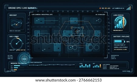 Drone operations live survey dashboard with industrial site map, telemetry, battery status and navigation HUD interface