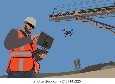 Drone operator for aerial mapping of mines. Mapping technology using drones for mining industry photogrammetry service. Remote pilot on duty