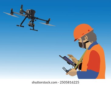 drone operator held remote and flying drone spray system. Modern farm technology concept