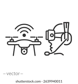 drone operator icon, pilot fly drone, reconnaissance operating, thin line symbol on white background, vector illustration