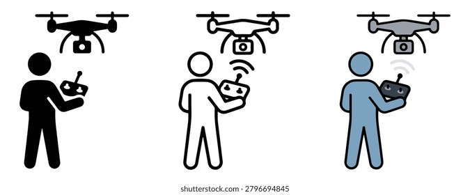 Drone operators with remote controls and drones in different colors flying above them in technology and innovation concept