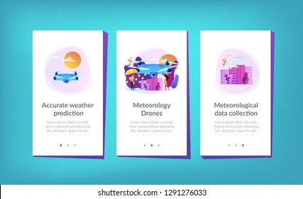 Drone over the city collecting meteorological data. Meteorology drones, meteorological data collection, accurate weather prediction concept. Mobile UI UX GUI template, app interface wireframe