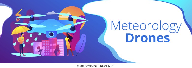 Drone over the city collecting meteorological data. Meteorology drones, meteorological data collection, accurate weather prediction concept. Header or footer banner template with copy space.