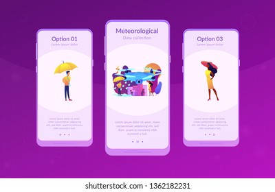 Drone over the city collecting meteorological data. Meteorology drones, meteorological data collection, accurate weather prediction concept. Mobile UI UX GUI template, app interface wireframe
