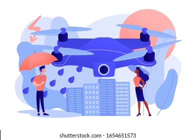 Drone Over The City Collecting Meteorological Data. Meteorology Drones, Meteorological Data Collection, Accurate Weather Prediction Concept. Pinkish Coral Bluevector Isolated Illustration