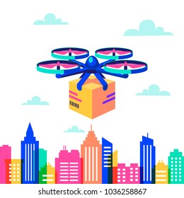 Drone over city landscape. Remote air drone with parcel over Silhouettes of buildings with neon glow and vivid colors. Delivery of packages by flying drone Flat style concept vector illustration
