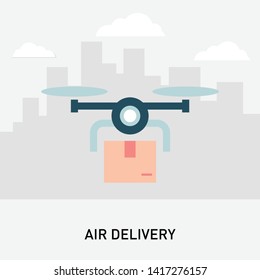 Drone over city landscape. Remote air drone with parcel over silhouettes of buildings. Delivery of packages by flying drone. Flat style concept.