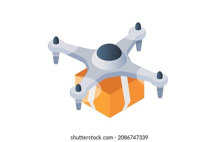 Drone with package box isolated on white. Modern technologies for delivery entertainments photo and video shooting. Business logistics company smart technologies. Industrial internet of things concept
