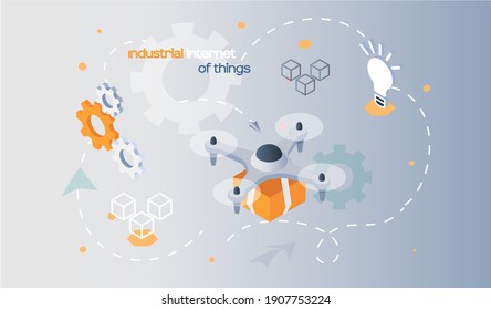 Drone with package box. Technologies delivery information flow diagram, innovation transportation. Industrial internet of things. Business logistics company smart technologies 4ir revolution, AI, IoT