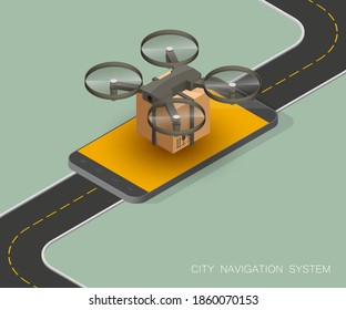 Drone package control via phone on road. Copter camera aerial delivers cargo box. Isometric . Delivery isometry copter. Vector 3D illustration