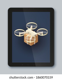 Drone package control via phone on road. Copter camera aerial delivers cargo box. Isometric . Delivery isometry copter. Vector 3D illustration