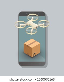 Drone package control via phone on road. Copter camera aerial delivers cargo box. Isometric . Delivery isometry copter. Vector 3D illustration
