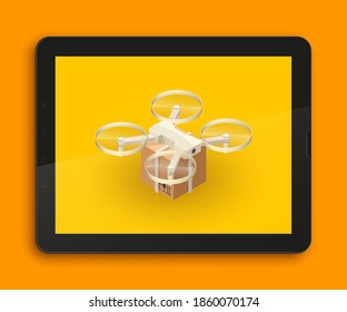 Drone package control via phone on road. Copter camera aerial delivers cargo box. Isometric . Delivery isometry copter. Vector 3D illustration
