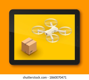 Control de paquetes de drones por teléfono en la carretera. La antena de cámara de cobre entrega una caja de carga. Isométrico. Cobre de isometría de entrega. Ilustración del vector 3D
