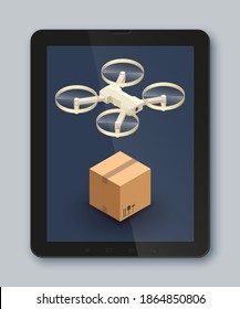 Control de paquetes de drones por teléfono en la carretera. La antena de cámara de cobre entrega una caja de carga. Isométrico. Cobre de isometría de entrega. Ilustración del vector 3D