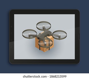 Drone package control via phone on road. Copter camera aerial delivers cargo box. Isometric . Delivery isometry copter. Vector 3D illustration