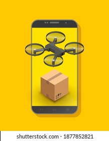 Drone package control via phone on road. Copter camera aerial delivers cargo box. Isometric . Delivery isometry copter. Vector 3D illustration