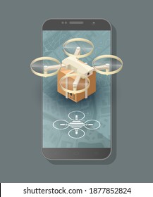 Control de paquetes de drones por teléfono en la carretera. La antena de cámara de cobre entrega una caja de carga. Isométrico. Cobre de isometría de entrega. Ilustración del vector 3D