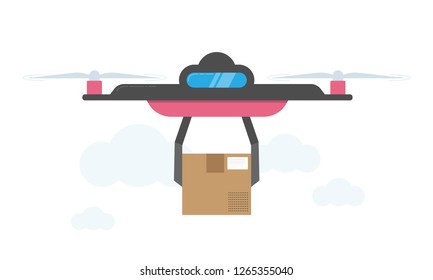Drone Package Delivery Concept Vector Illustration. Quadrocopter transporting package. Flat style design.