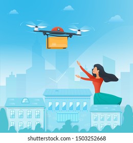 Drone package delivery service with young woman waiting for parcel from online store on city background. Autonomous express delivery concept with quadcopter