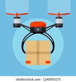 Drone with paper package box. Drone delivery present. Modern delivery of gifts for Christmas or New Year. Concept of Fast Express Delivery for Event