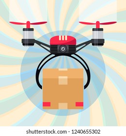 Drone with paper package box. Drone delivery present. Modern delivery of gifts for Christmas or New Year. Concept of Fast Express Delivery for Event