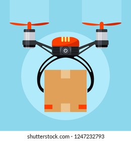 Drone with paper package box. Drone delivery present. Modern delivery of gifts for Christmas or New Year. Concept of Fast Express Delivery for Event