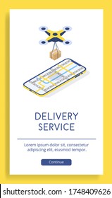 A drone with a parcel in a cardboard box hangs over a smartphone with a map application. Delivery service application for mobile phone. Vector isometric image on an advertising poster.