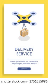 Dron con un paquete en una caja de cartón. Método tecnológico de entrega sin contacto de bienes y paquetes. Ilustración vectorial isométrica en un afiche publicitario.