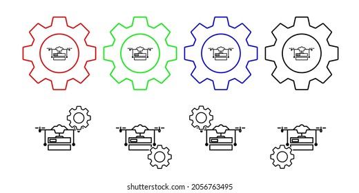 Dron con icono vectorial de contorno de paquetería en la ilustración de conjunto de engranajes para ui y ux, sitio web o aplicación móvil