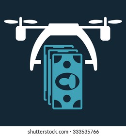 Drone Payment vector icon. Style is bicolor flat symbol, blue and white colors, rounded angles, dark blue background.