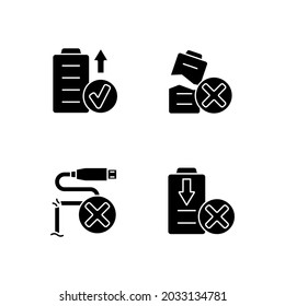 Drone performance black glyph manual label icons set on white space. Battery health. Charging cord damage. Silhouette symbols. Vector isolated illustration for product use instructions