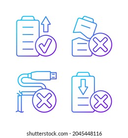 Drone performance gradient linear vector manual label icons set. Battery health. Thin line contour symbols bundle. Isolated outline illustrations collection for product use instructions