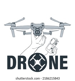 Drone. A person's hand is holding a drone and a remote control. Realistic vector line drawing. Logo and corporate identity for a drone store.