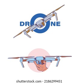 Drone. La mano de una persona está sosteniendo un dron y un control remoto. Dibujo de línea vectorial realista. Logo e identidad corporativa para una tienda de drones.