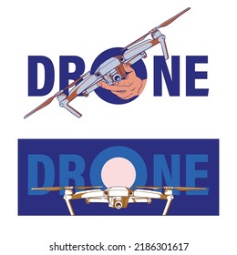 Drone. A person's hand is holding a drone and a remote control. Realistic vector line drawing. Logo and corporate identity for a drone store.